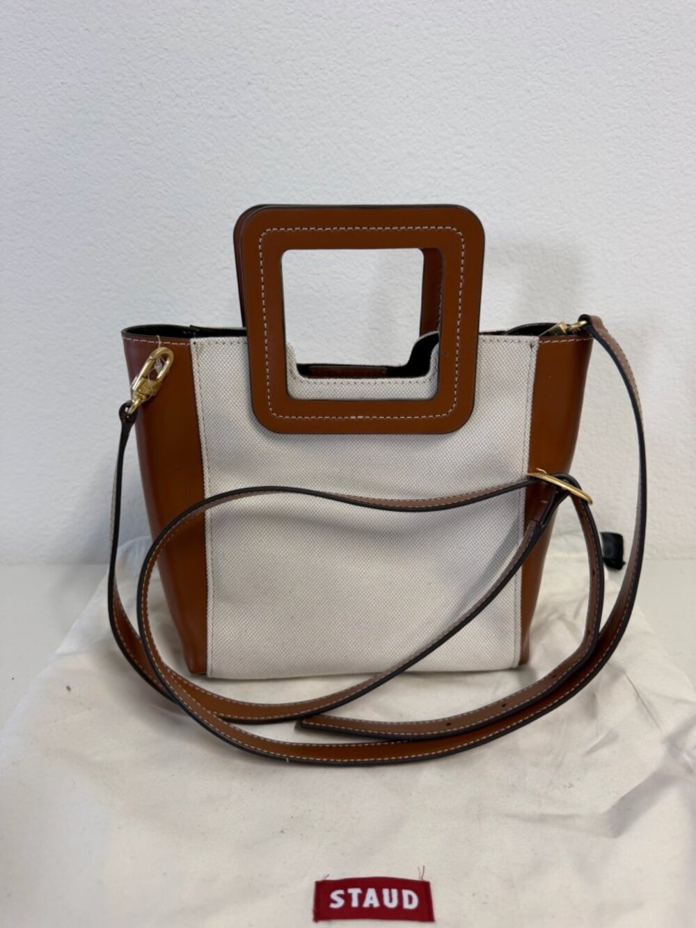 STAUD Shirley Mini Bucket Natural Canvas & Brown Leather Crossbody Bag